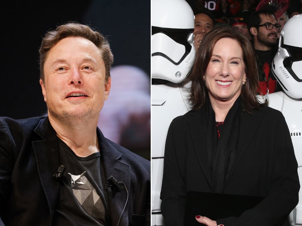 Elon Musk (left) and Lucasfilm President Kathleen Kennedy (right).