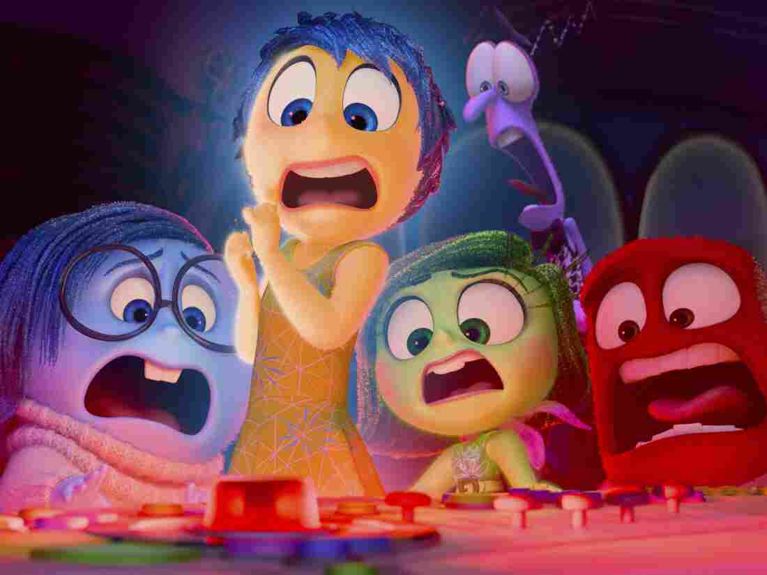 This image released by Disney/Pixar shows, from left, Sadness, voiced by Phyllis Smith, Joy, voiced by Amy Poehler, Disgust, voiced by Liza Lapira, Fear, voiced by Tony Hale, and Anger, voiced by Lewis Black, in a scene from Inside Out 2.